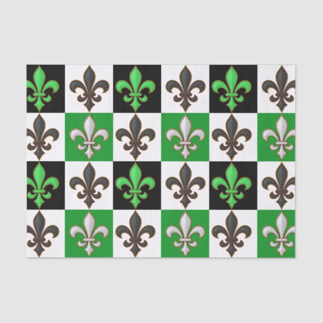 Green Black White Chequered Fleur-de-lis Design  Tissue Paper (Front)
