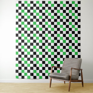 Green Black White Chequered Pattern Design Tapestry