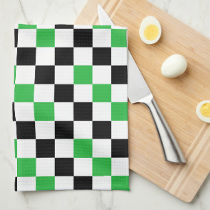 Green Black White Chequered Pattern Design Tea Towel