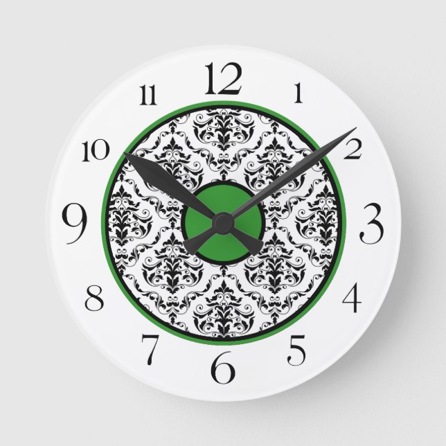 Green Black & White Damask Elegant Round Clock (Front)