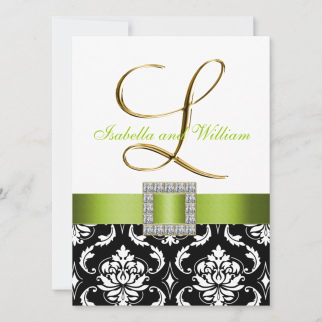 Green Black White Damask Initial L Wedding Invite (Front)