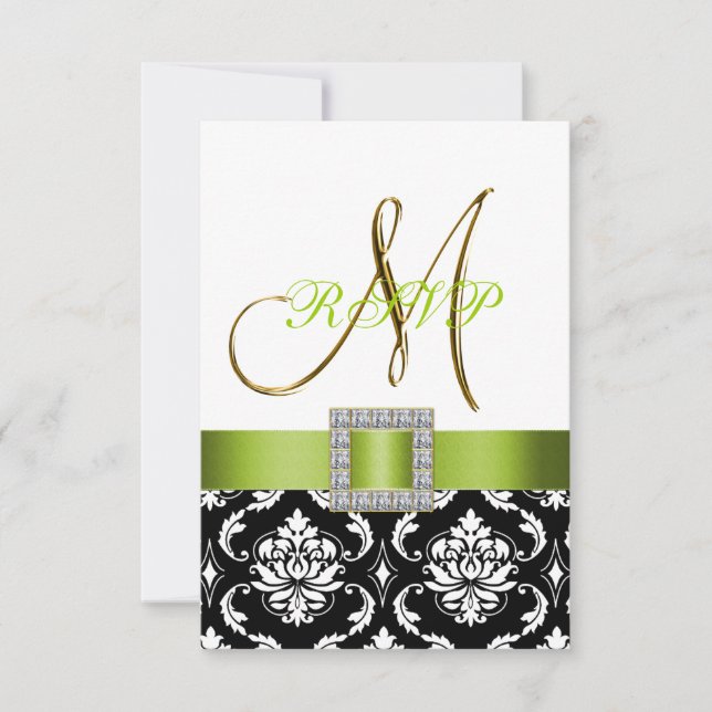 Green Black White Damask Initial Wedding RSVP Invitation (Front)