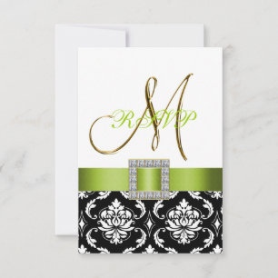 Green Black White Damask Initial Wedding RSVP Invitation