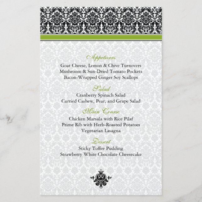 Green, Black, White Damask Menu Card (Front)