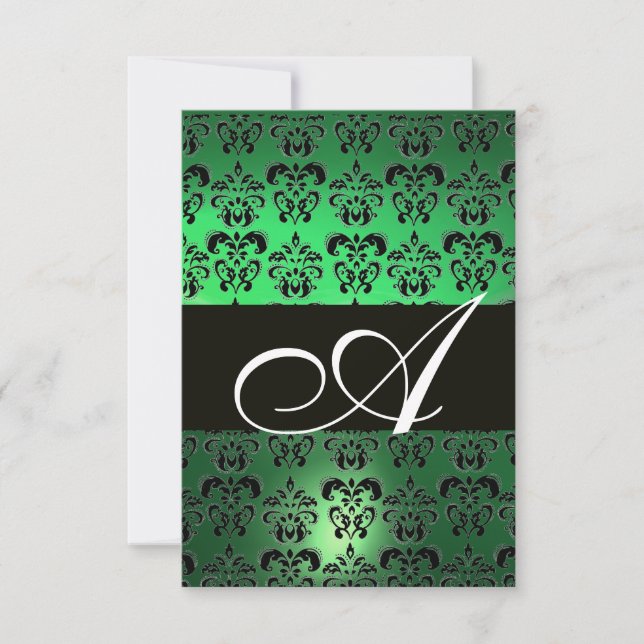 GREEN BLACK  WHITE DAMASK MONOGRAM INVITATION (Front)