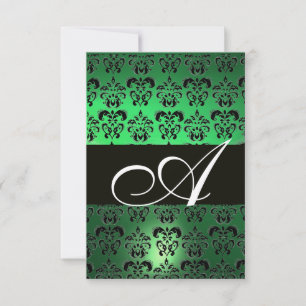 GREEN BLACK  WHITE DAMASK MONOGRAM INVITATION