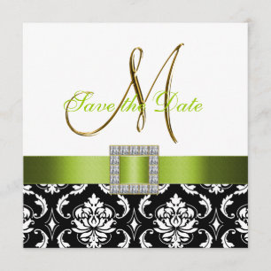 Green Black White Damask Save the Date Card