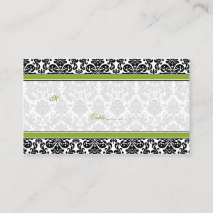 Green, Black, White Damask Wedding Place Cards