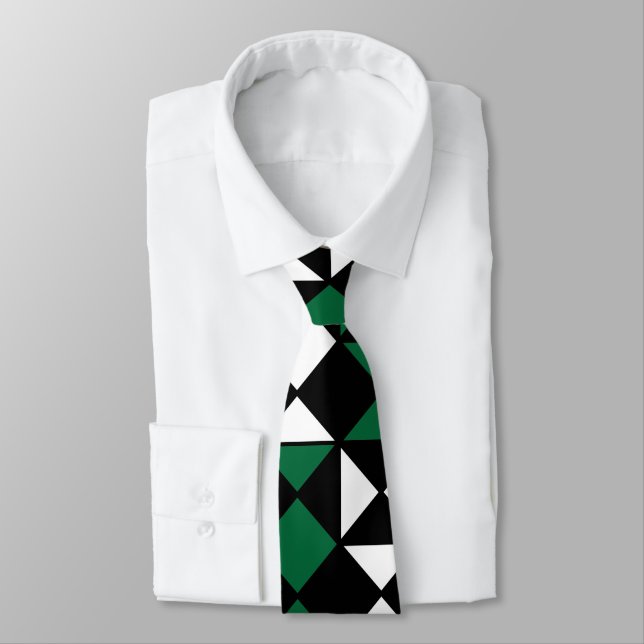 Green Black White Geometric  Tie (Tied)