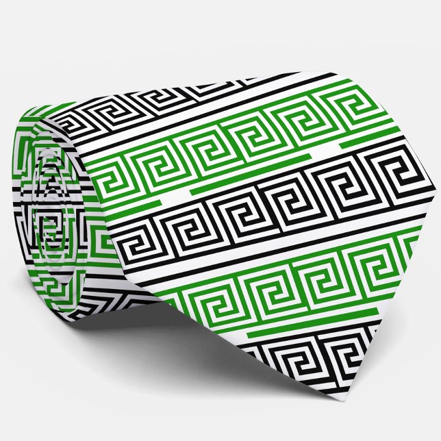 Green Black White Greek Key Fret Pattern Design  Tie (Creator Uploaded)