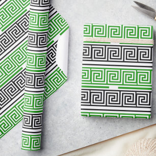 Green Black White Greek Key Fret Pattern Design  Wrapping Paper