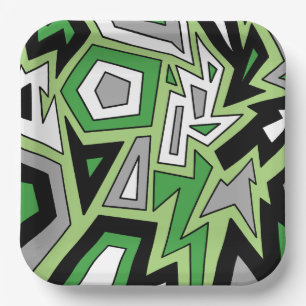 Green Black White Grey Aro Geometric Abstract Paper Plate