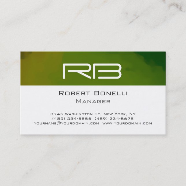 Green Black White Monogram Manager Business Card (Front)