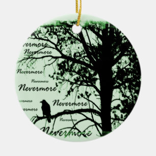 Green Black & White Nevermore Raven Silhouette Ceramic Tree Decoration