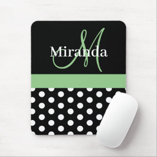 Green Black White Polka Dot Monogram Mouse Pad
