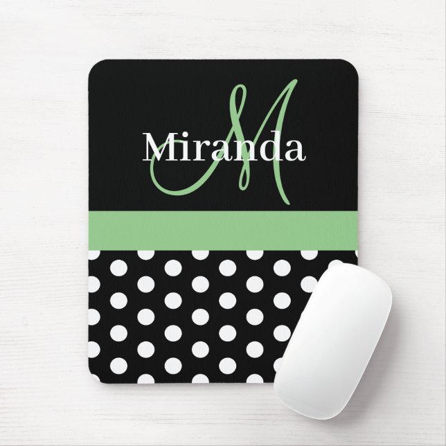 Green Black White Polka Dot Monogram Mouse Pad (With Mouse)