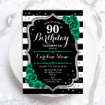 Green Black White Stripes Roses 90th Birthday Invitation<br><div class="desc">90th Birthday Party Invitation. Elegant floral emerald green design with faux glitter silver and roses. Features black and white stripes and script font. Perfect for a stylish womens bday celebration. Can be customised for any age! Printed Zazzle invitations or instant download digital printable template.</div>