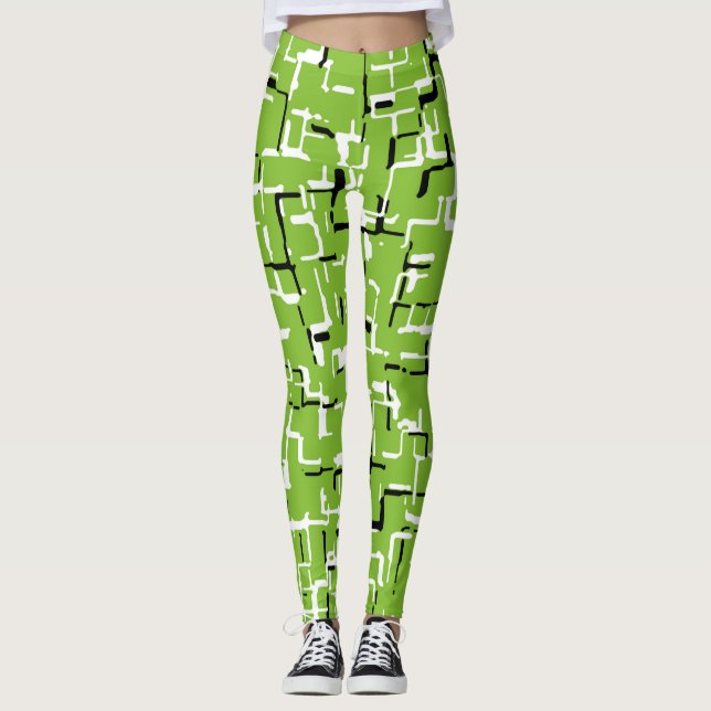 Green Black White Trendy Pattern Leggings (Front)