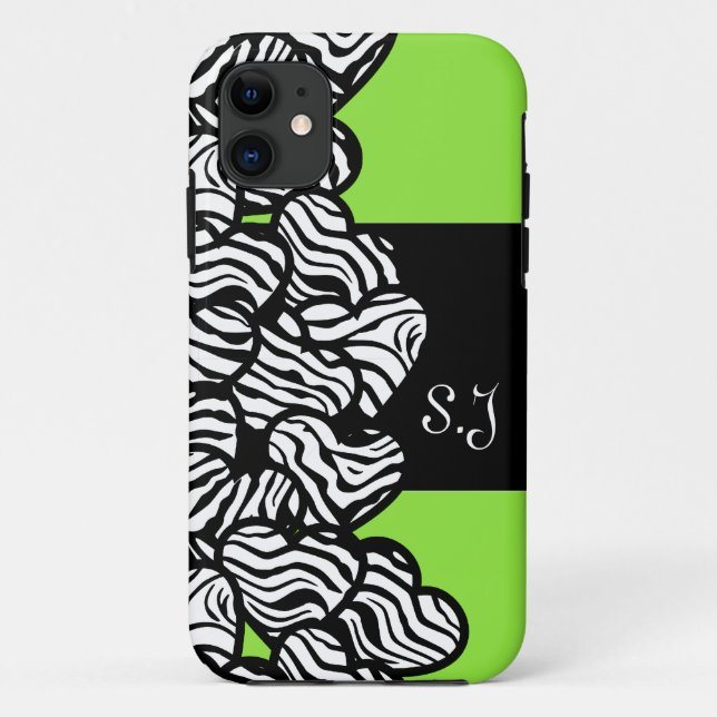Green black white zebra pattern heart monogram Case-Mate iPhone case (Back)