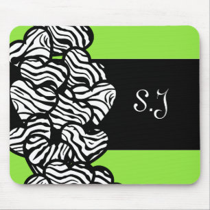 Green black white zebra pattern heart monogram mouse mat
