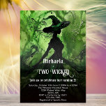Green Black Witch Two Wicked Girl 2nd Birthday Invitation<br><div class="desc">Painted Wickedly Good Witch Green Black Two Wicked Girl Second Birthday Invitation - This invitation features a green and black painting of a witch in an enchanted forest. On the back it says "A wickedly good birthday awaits". With vintage style font. Customise this editable girl's 2nd birthday party invitation template...</div>