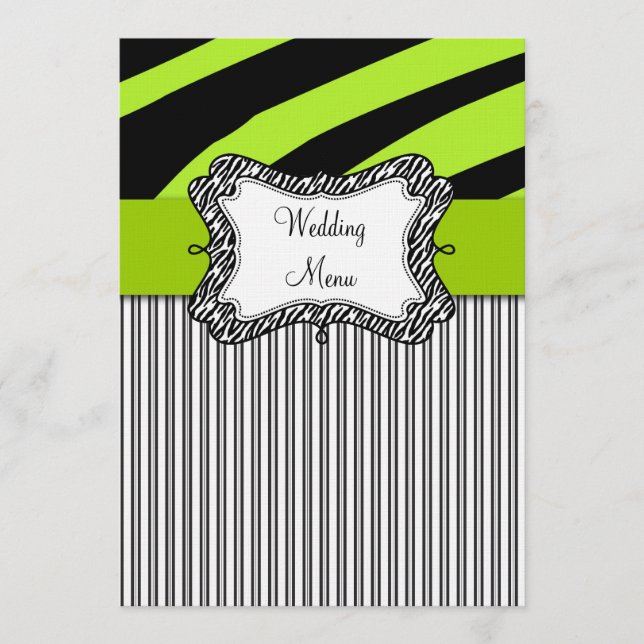 Green Black Zebra Stripes Wedding Menu Card (Front)