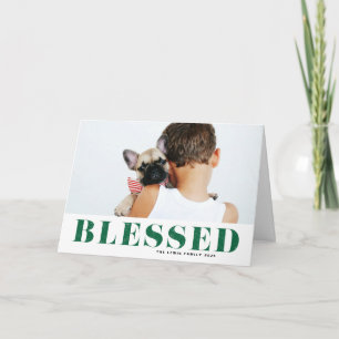 Green Blessed Typography Photo Christmas Holiday Card