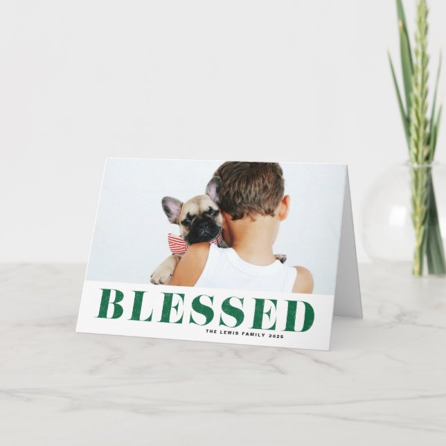 Green Blessed Typography Photo Christmas Holiday Card (Front)