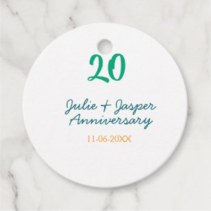 Green blue 20th anniversary name date orange favour tags