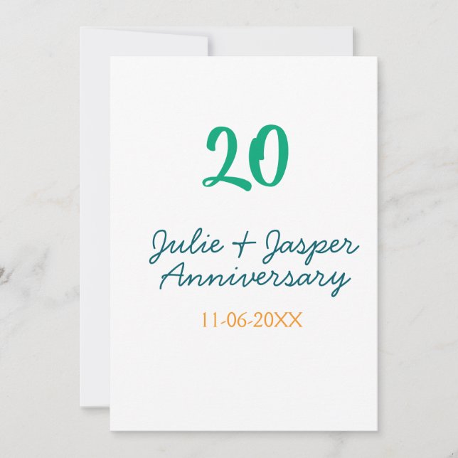 Green blue 20th anniversary name date orange  invitation (Front)