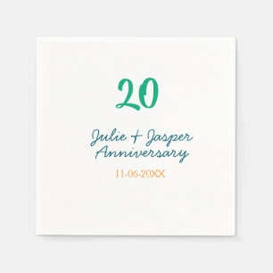 Green blue 20th anniversary name date orange napkin