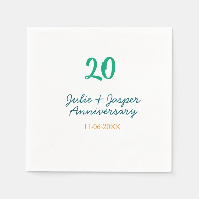 Green blue 20th anniversary name date orange  napkin (Front)