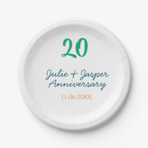 Green blue 20th anniversary name date orange paper plate