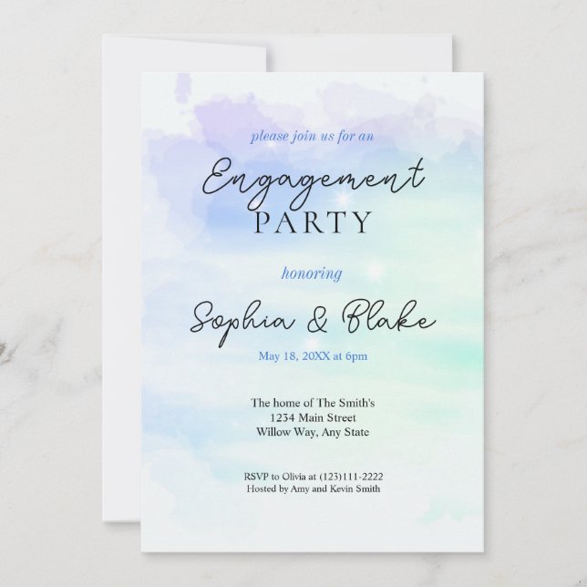 Green & Blue Abstract Watercolor Engagement Party Invitation (Front)