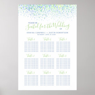 Green blue abstract watercolor wedding table plan poster