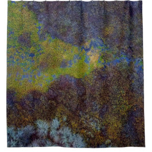 Green, blue, and brown mat shower curtain