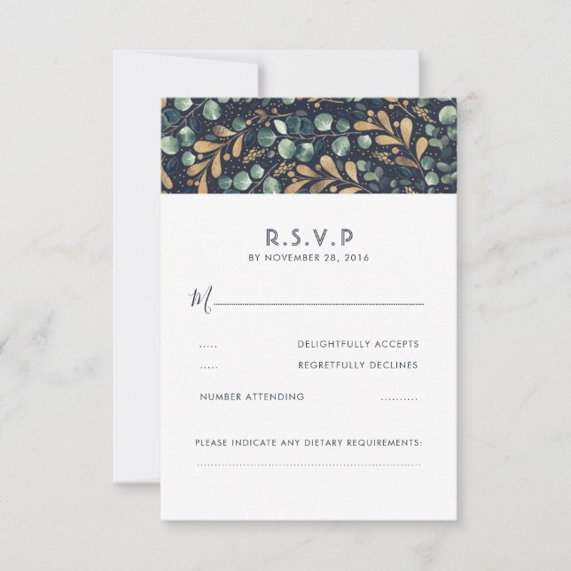 Green Blue and Gold Wedding RSVP Card (Front)