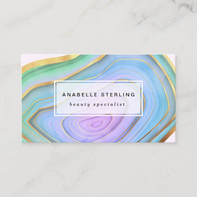 Green, Blue, and Pink Agate with Golden Lines | Business Card (Front)