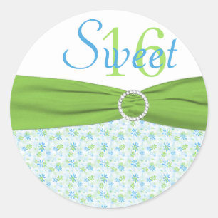 Green, Blue, and White Floral Sweet 16 Sticker
