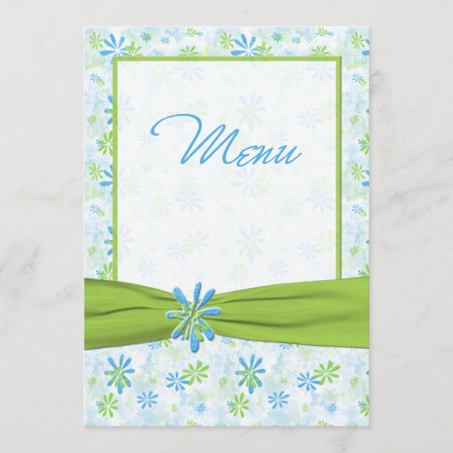Green, Blue, and White Floral Wedding Menu Card (Front)