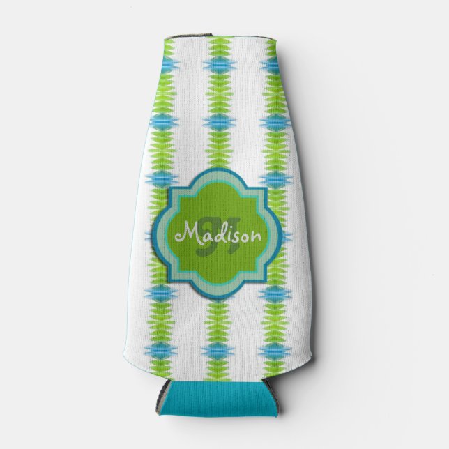 Green, Blue and White Funky Stripe Monogram Bottle Cooler (Front)