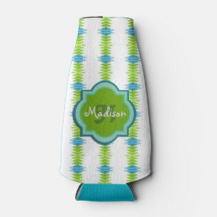 Green, Blue and White Funky Stripe Monogram Bottle Cooler