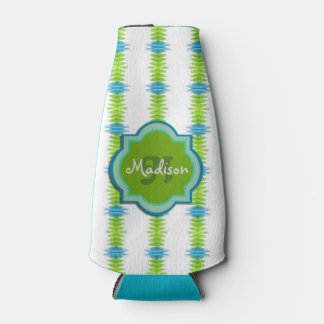Green, Blue and White Funky Stripe Monogram Bottle Cooler