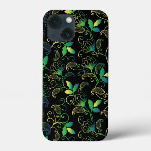 Green, Blue and Yellow Floral on Black Background iPhone 13 Mini Case