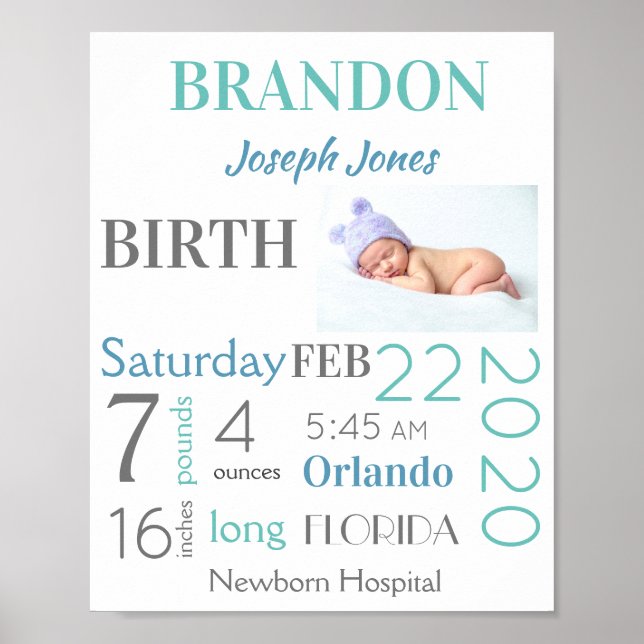 Green & Blue Baby Birth Stats Sign with Photo (Front)