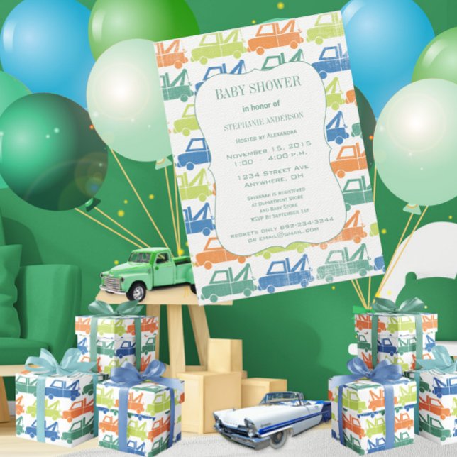 Green Blue Baby Boy Tow Truck Pattern Baby Shower Invitation (Creator Uploaded)