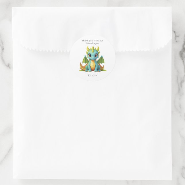 Green Blue Baby Dragon Personalised Thank You Classic Round Sticker (Bag)