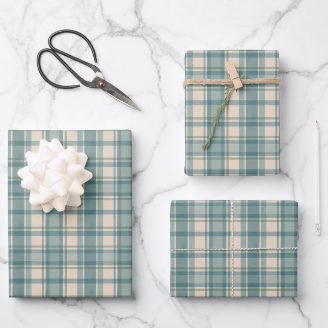 Green Blue Beige Plaid Men's Birthday Father's Day Wrapping Paper Sheet (Front)