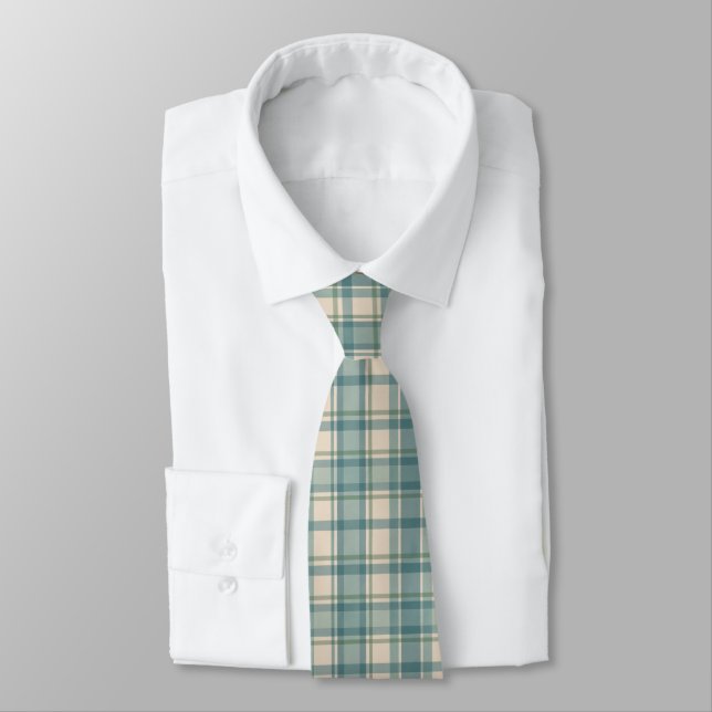 Green Blue Beige Tartan Buffalo Plaid Men's Tie (Tied)