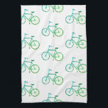 Green blue bicycles bikes pattern kitchen towel<br><div class="desc">Decorate your kitchen with this cool green bicycle dish towel. Makes a great housewarming or wedding gift! 
You can customise it and add text too.
Check my shop for lots more colours and patterns!</div>